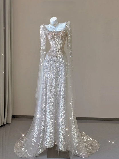 Champagne Long Sleeves A-Line Sequins Long Formal Prom Dress Evening Gown, D467