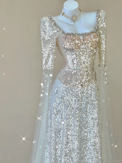 Champagne Long Sleeves A-Line Sequins Long Formal Prom Dress Evening Gown, D467