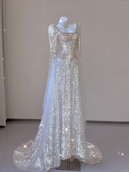 Champagne Long Sleeves A-Line Sequins Long Formal Prom Dress Evening Gown, D467