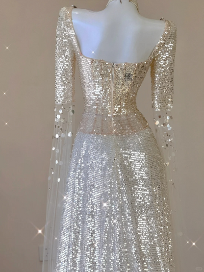 Champagne Long Sleeves A-Line Sequins Long Formal Prom Dress Evening Gown, D467