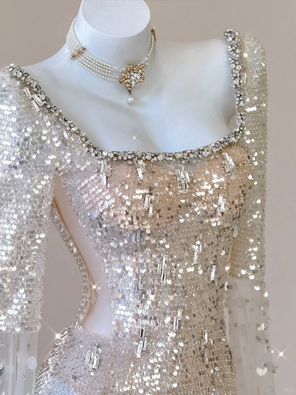 Champagne Long Sleeves A-Line Sequins Long Formal Prom Dress Evening Gown, D467