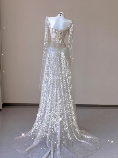Champagne Long Sleeves A-Line Sequins Long Formal Prom Dress Evening Gown, D467