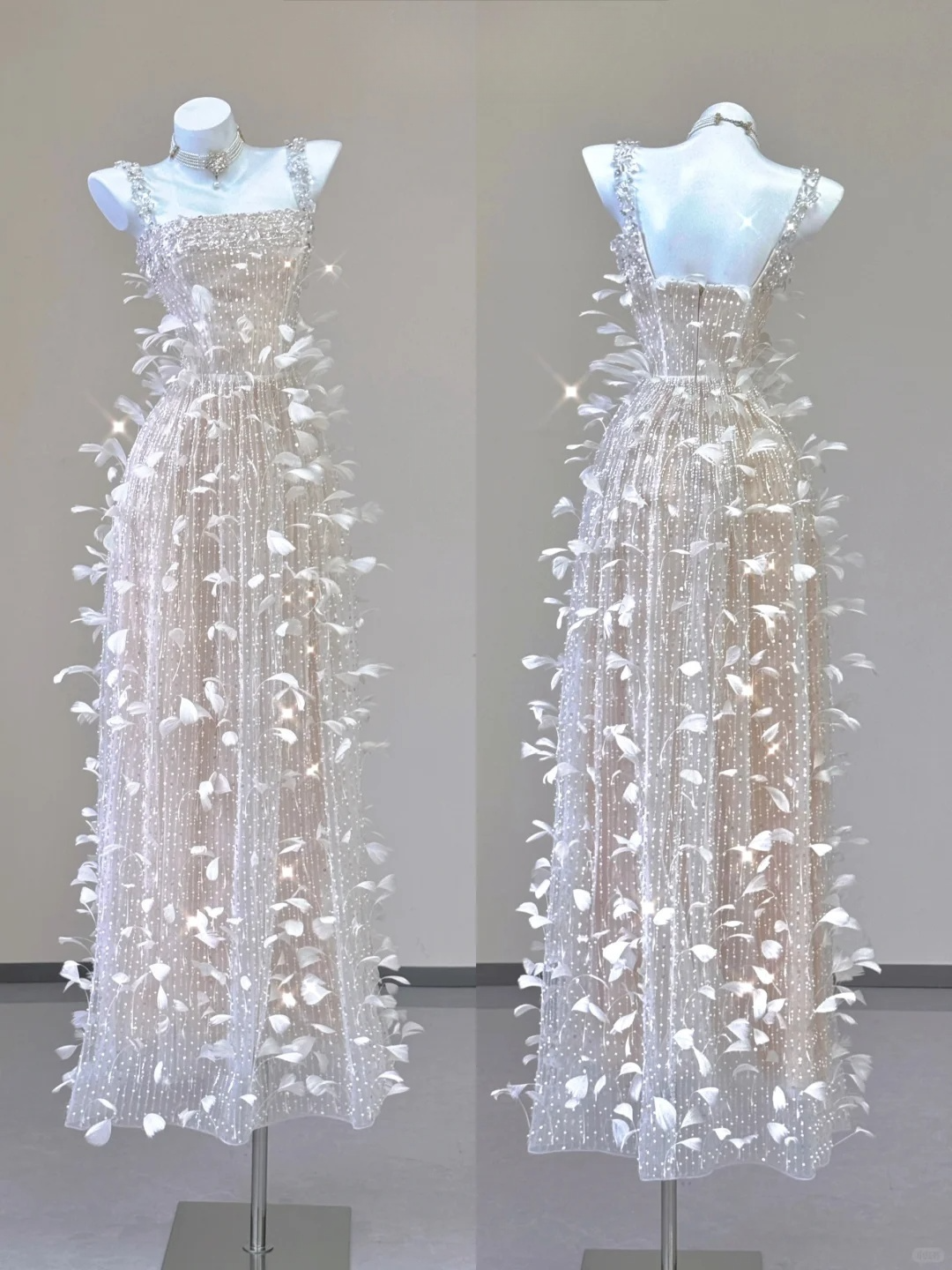 Champagne Straps Beading A-Line Feathers Long Prom Dress Evening Gown, D468