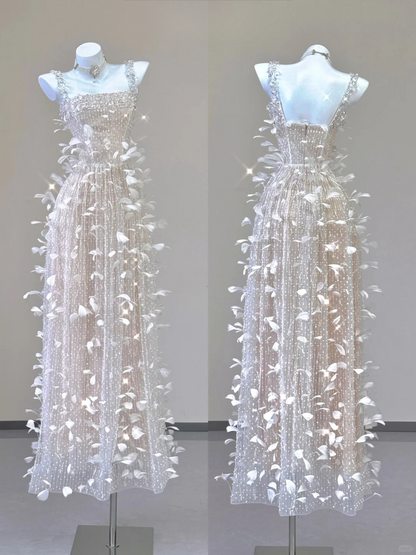 Champagne Straps Beading A-Line Feathers Long Prom Dress Evening Gown, D468