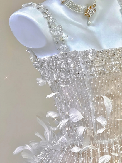 Champagne Straps Beading A-Line Feathers Long Prom Dress Evening Gown, D468