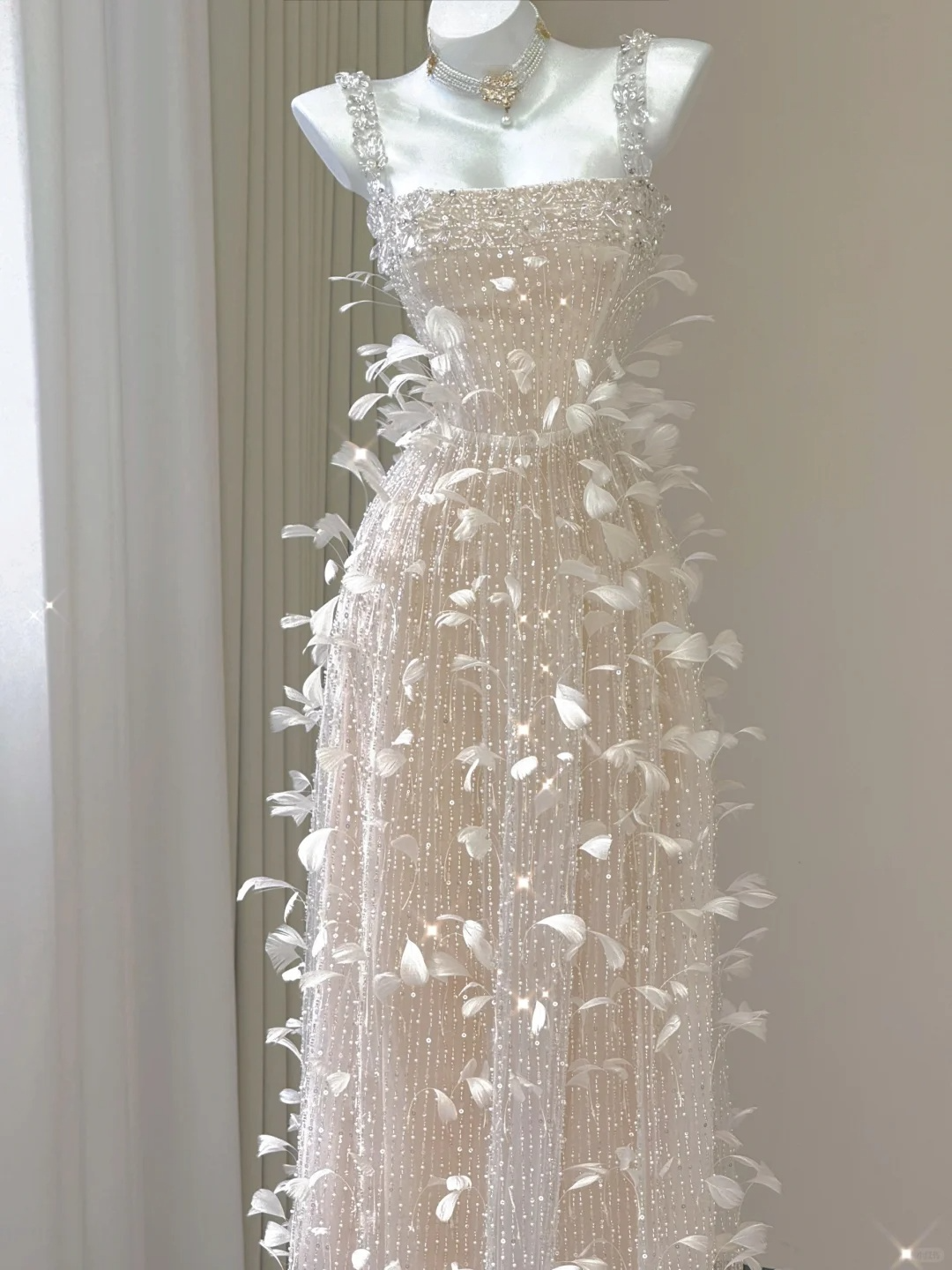 Champagne Straps Beading A-Line Feathers Long Prom Dress Evening Gown, D468