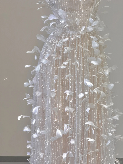 Champagne Straps Beading A-Line Feathers Long Prom Dress Evening Gown, D468