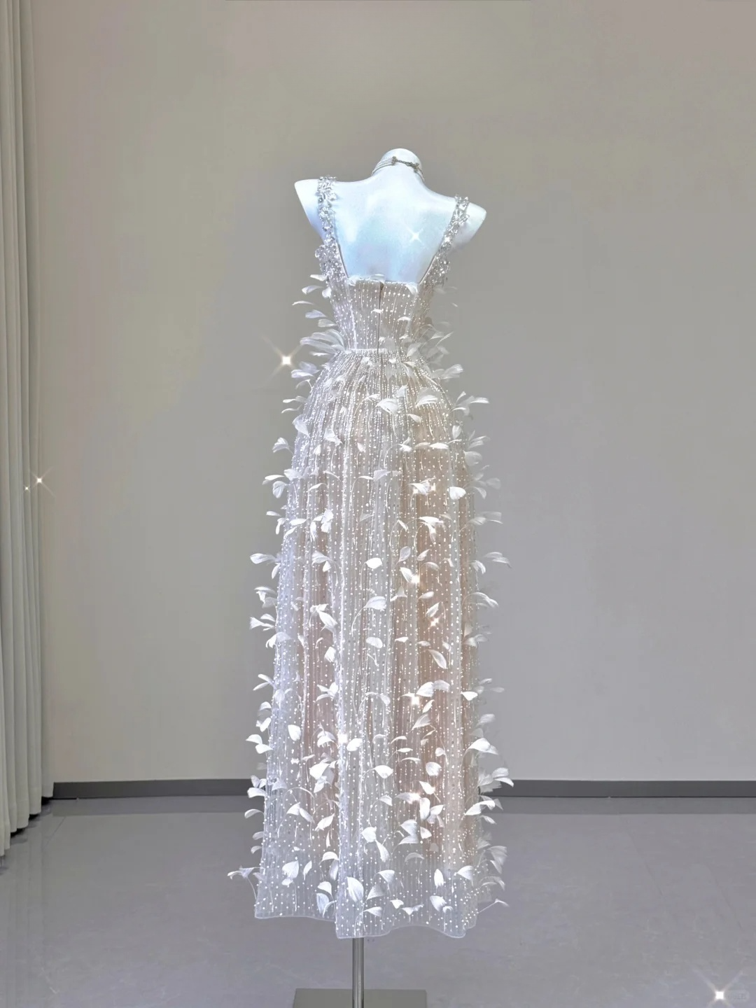 Champagne Straps Beading A-Line Feathers Long Prom Dress Evening Gown, D468