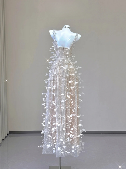 Champagne Straps Beading A-Line Feathers Long Prom Dress Evening Gown, D468