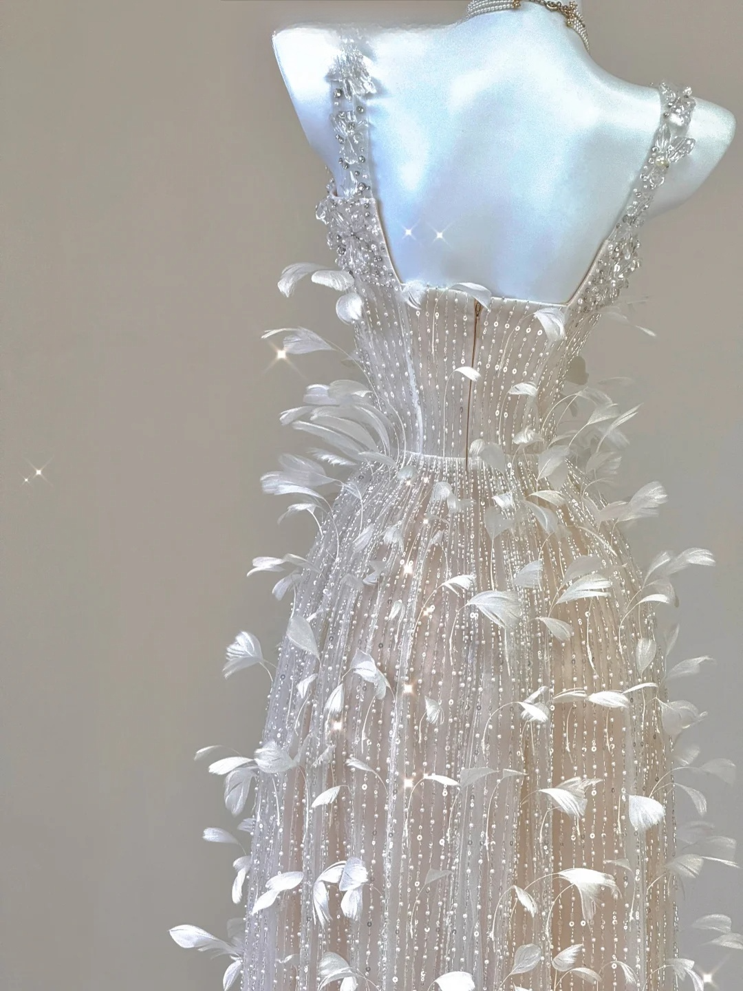 Champagne Straps Beading A-Line Feathers Long Prom Dress Evening Gown, D468