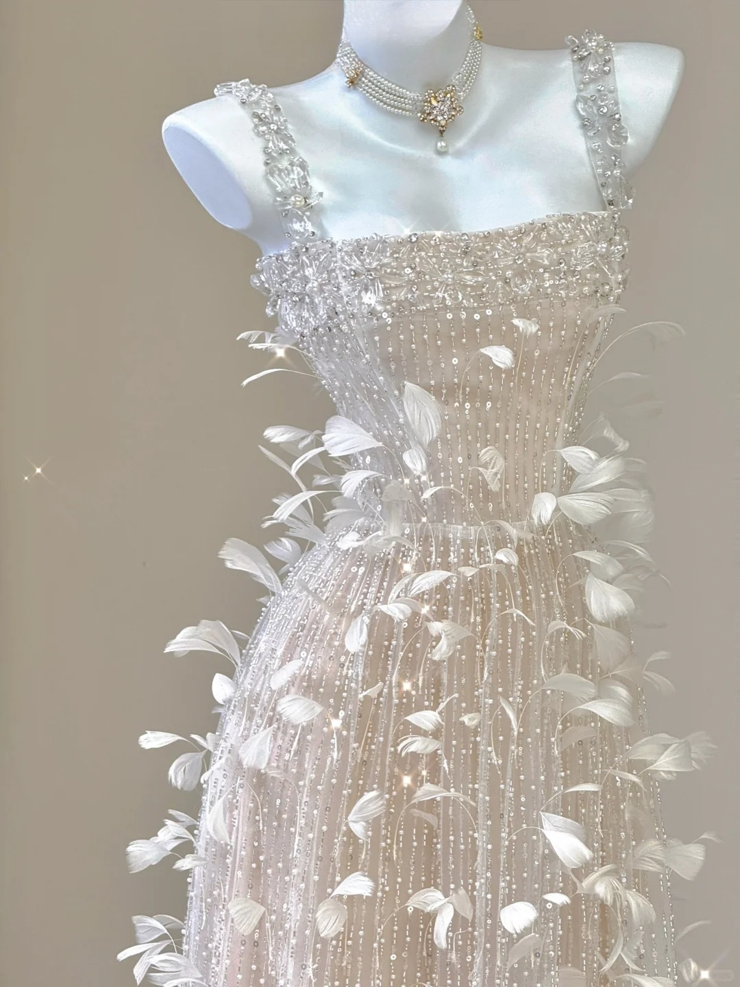Champagne Straps Beading A-Line Feathers Long Prom Dress Evening Gown, D468
