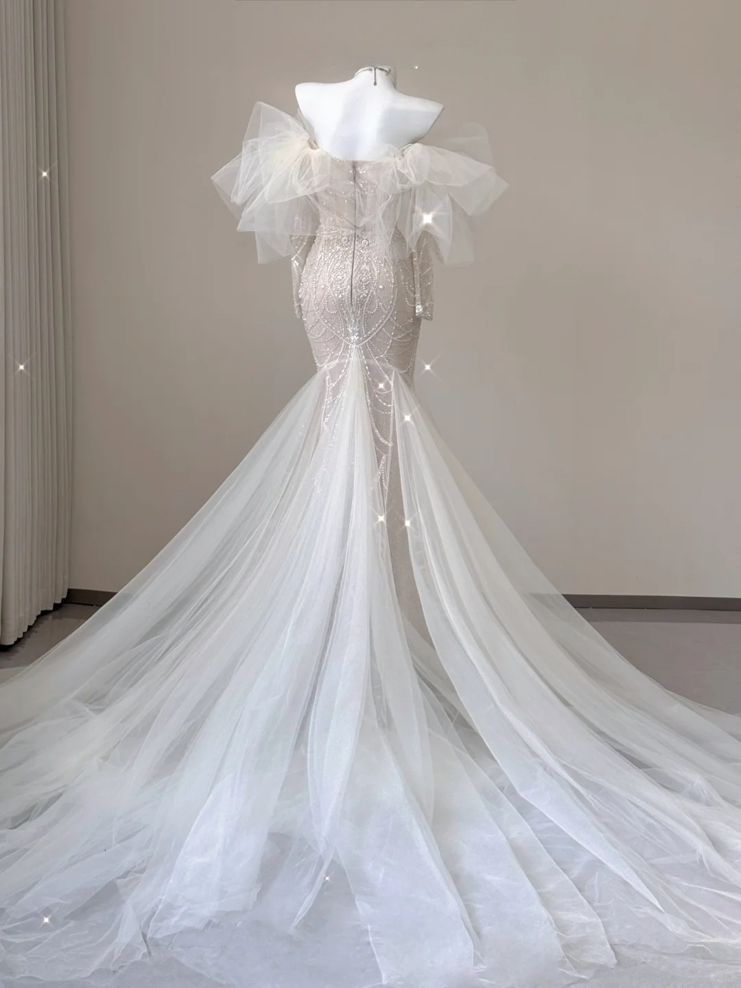 Stunning Off Shoulder Long Sleeves Beading Mermaid Wedding Dress Evening Gown, D469