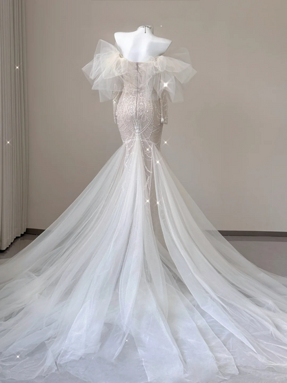 Stunning Off Shoulder Long Sleeves Beading Mermaid Wedding Dress Evening Gown, D469