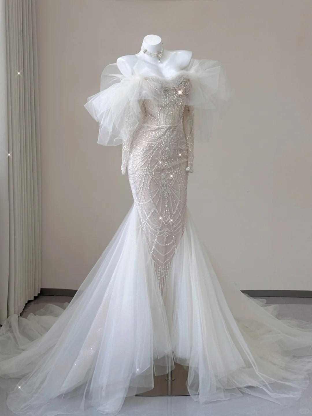 Stunning Off Shoulder Long Sleeves Beading Mermaid Wedding Dress Evening Gown, D469