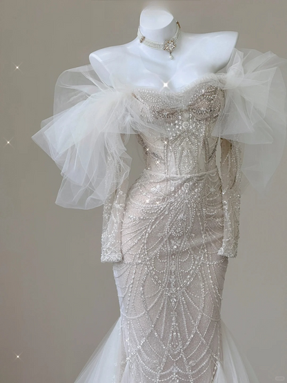 Stunning Off Shoulder Long Sleeves Beading Mermaid Wedding Dress Evening Gown, D469