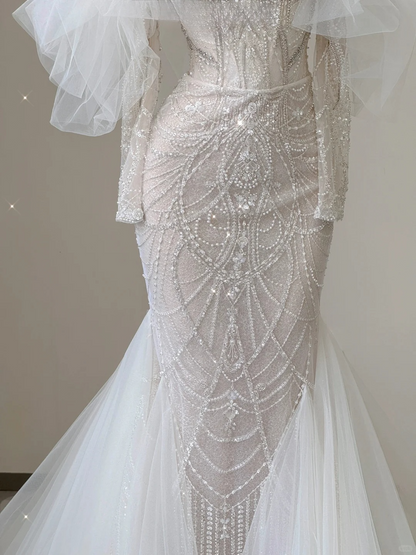 Stunning Off Shoulder Long Sleeves Beading Mermaid Wedding Dress Evening Gown, D469