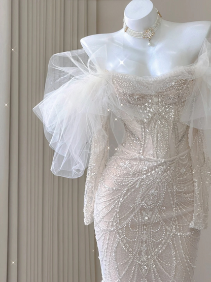 Stunning Off Shoulder Long Sleeves Beading Mermaid Wedding Dress Evening Gown, D469
