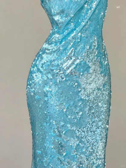 Blue Spaghetti Straps Mermaid Sequins Long Party Dress Evening Gown, D470