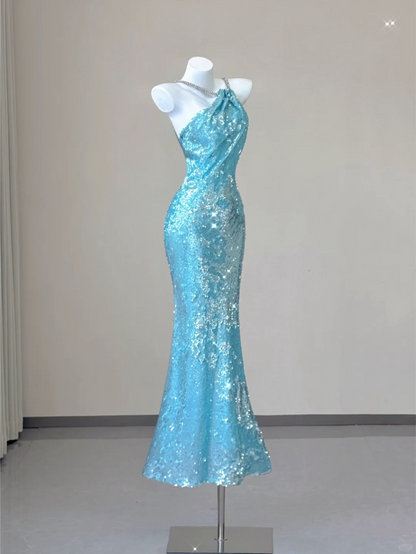 Blue Spaghetti Straps Mermaid Sequins Long Party Dress Evening Gown, D470