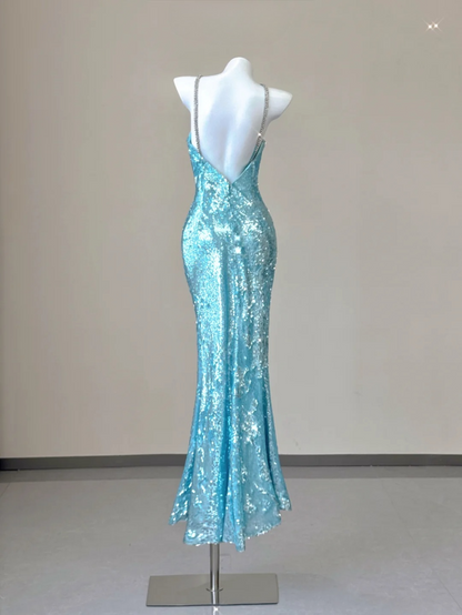 Blue Spaghetti Straps Mermaid Sequins Long Party Dress Evening Gown, D470