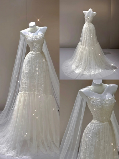 Elegant Sweetheart Neck A-Line Tulle Wedding Dress Long Evening Gown, D471
