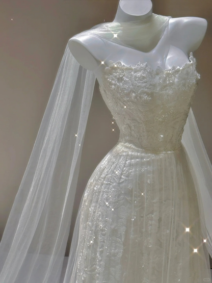 Elegant Sweetheart Neck A-Line Tulle Wedding Dress Long Evening Gown, D471