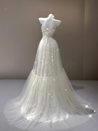 Elegant Sweetheart Neck A-Line Tulle Wedding Dress Long Evening Gown, D471