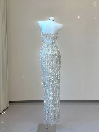 Glitter Strapless Beading Sheath Long Party Dress Gorgeous Evening Gown, D472