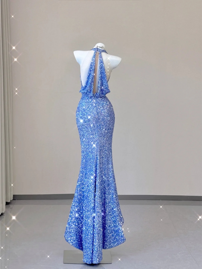 Blue Halter Sequins Mermaid Shiny Long Party Dress Evening Gown Birthday Dress, D473
