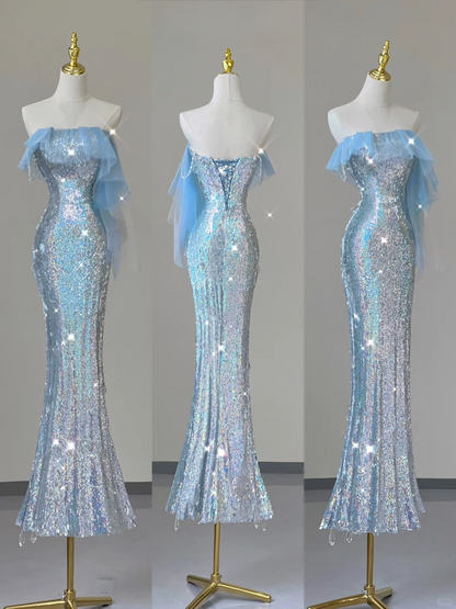 Light Blue Straps Sequins Mermaid Long Party Dress Evening Gown Birthday Dress, D474
