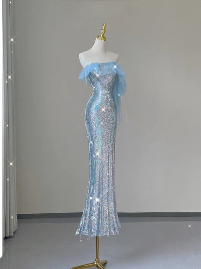 Light Blue Straps Sequins Mermaid Long Party Dress Evening Gown Birthday Dress, D474