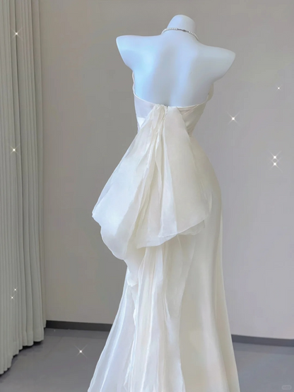 Elegant White Strapless Mermaid Satin Long Party Dress Light Wedding Dress, D477