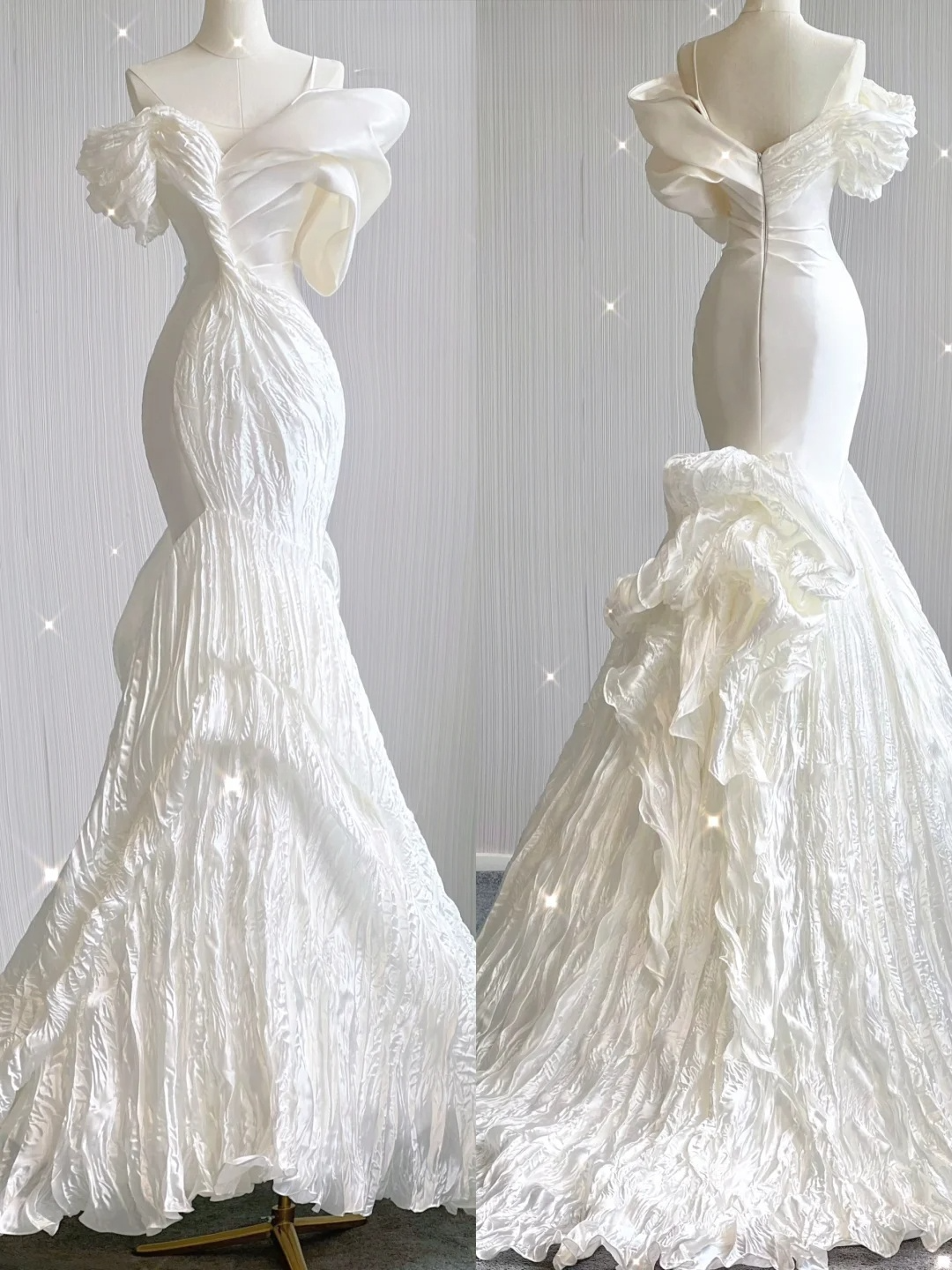 Elegant White Off Shoulder Mermaid Satin Long Party Dress Wedding Dress, D478
