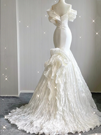 Elegant White Off Shoulder Mermaid Satin Long Party Dress Wedding Dress, D478