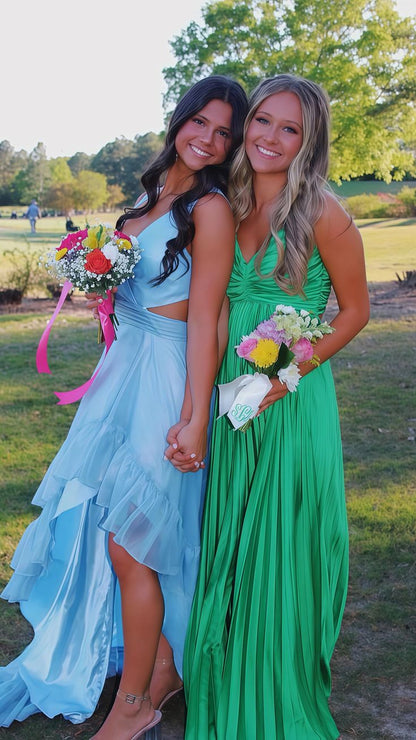 Green Halter A-Line Satin Pleated Long Party Dress Wedding Guest Dress, D482