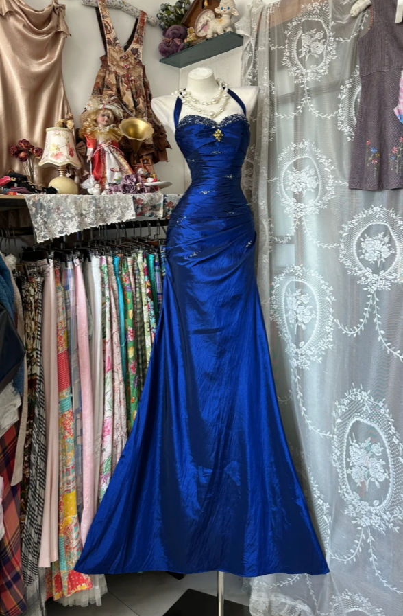 Vintage Halter Mermaid Long Prom Dresses Beaded Royal Blue Satin Birthday Dresses SH5041