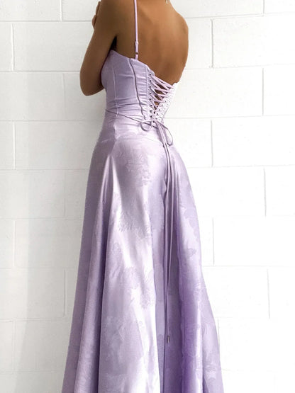 Lilac Spaghetti Straps A-Line Long Party Dress Wedding Guest Dress Birthday Outfits, D526