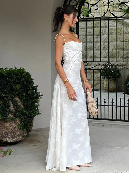 White Straps A-Line Long Party Dress Wedding Guest Dress Birthday Outfits, D528