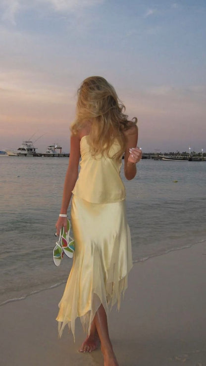 Light Yellow Halter 2 Pieces Long Party Dress Fashion Summer Dress, D540