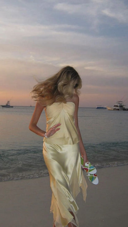 Light Yellow Halter 2 Pieces Long Party Dress Fashion Summer Dress, D540