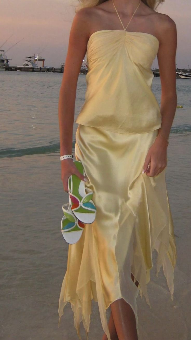 Light Yellow Halter 2 Pieces Long Party Dress Fashion Summer Dress, D540