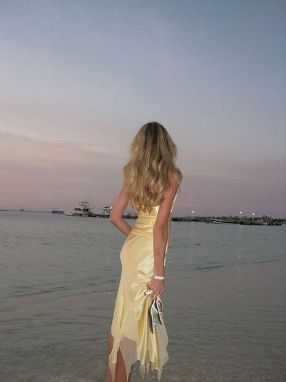 Light Yellow Halter 2 Pieces Long Party Dress Fashion Summer Dress, D540