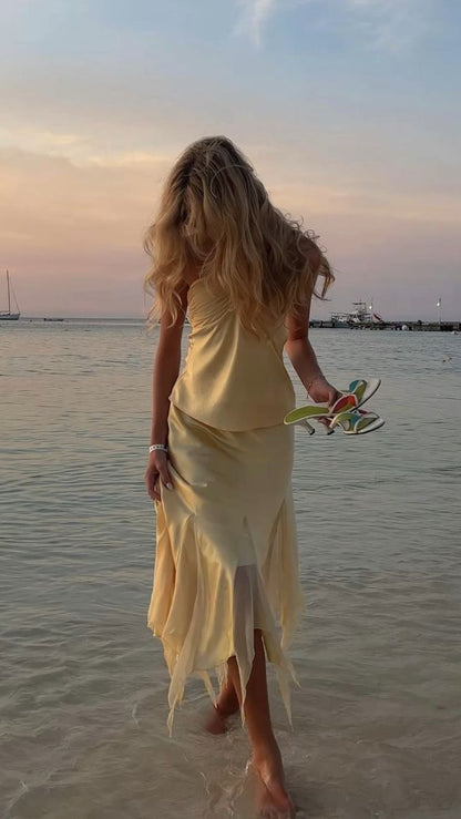 Light Yellow Halter 2 Pieces Long Party Dress Fashion Summer Dress, D540