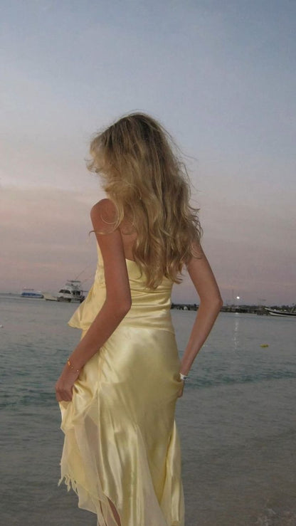 Light Yellow Halter 2 Pieces Long Party Dress Fashion Summer Dress, D540