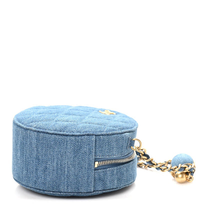 Denim Quilted Round Pearl Crush Clutch With Chain Blue