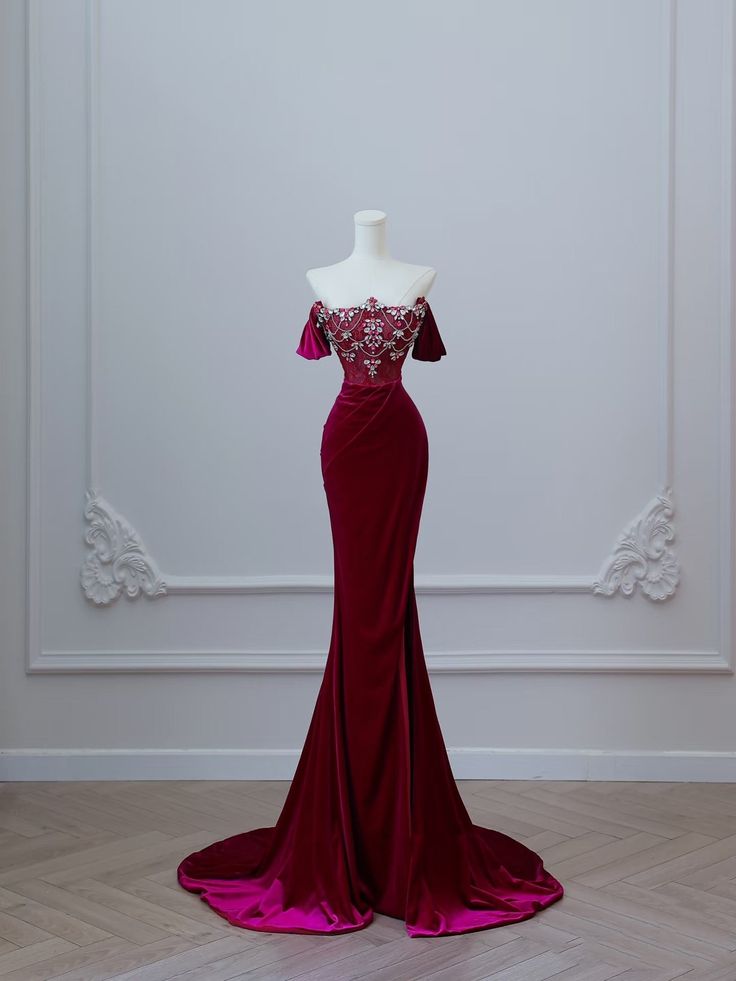 Wine Red Off Shoulder Velvet Mermaid Long Formal Prom Dress Evening Gown, D552