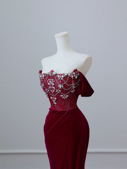 Wine Red Off Shoulder Velvet Mermaid Long Formal Prom Dress Evening Gown, D552