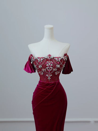 Wine Red Off Shoulder Velvet Mermaid Long Formal Prom Dress Evening Gown, D552