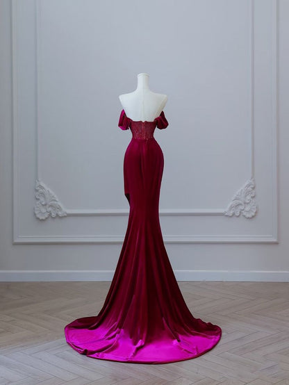 Wine Red Off Shoulder Velvet Mermaid Long Formal Prom Dress Evening Gown, D552