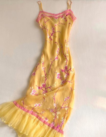 Vintage Yellow Straps Sheath Chiffon Long Evening Party Dress, D578